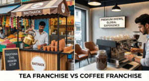Tea Franchise vs Coffee Franchise comparison in India showing chai and coffee café setups