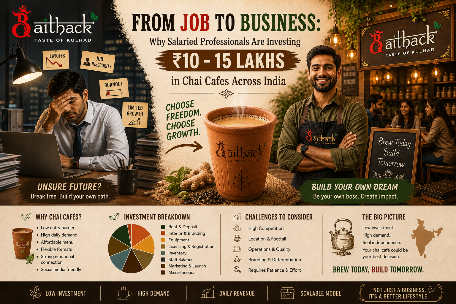 From Job to Business infographic showing how salaried professionals in India are investing ₹10–15 lakhs in chai café startups due to layoffs, job insecurity, and burnout, highlighting low investment, high demand, and business growth opportunities.
