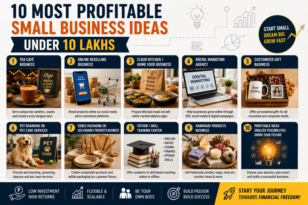 Business Ideas under 10 Lakhs infographic featuring 10 profitable small business opportunities in India. The image highlights Tea Café Business, Online Reselling Business, Cloud Kitchen/Home Food Business, Digital Marketing Agency, Customized Gift Business, Pet Boarding & Pet Care Services, Eco-Friendly Packaging Products, Tuition & Skill Training Center, Handmade Products Business, and other profitable startup ideas. The design emphasizes low investment, high returns, scalability, entrepreneurship, and financial freedom for aspiring business owners.