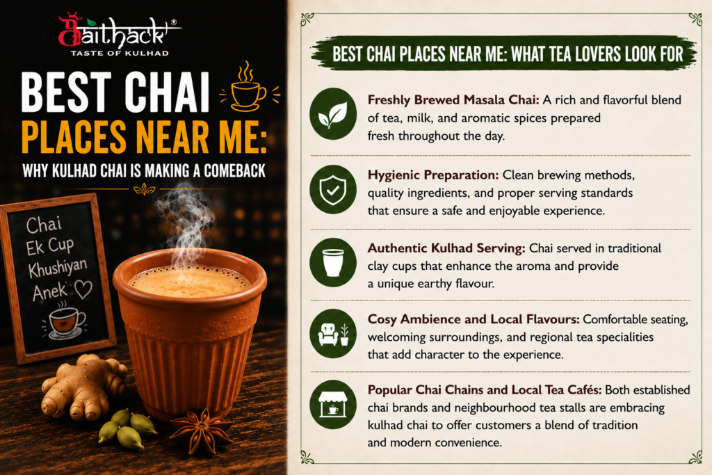 Baithack promotional poster featuring a steaming kulhad chai with the headline “Best Chai Places Near Me” and key highlights including fresh masala chai, hygienic preparation, authentic kulhad serving, cozy ambience, and local tea flavours. ☕🌿