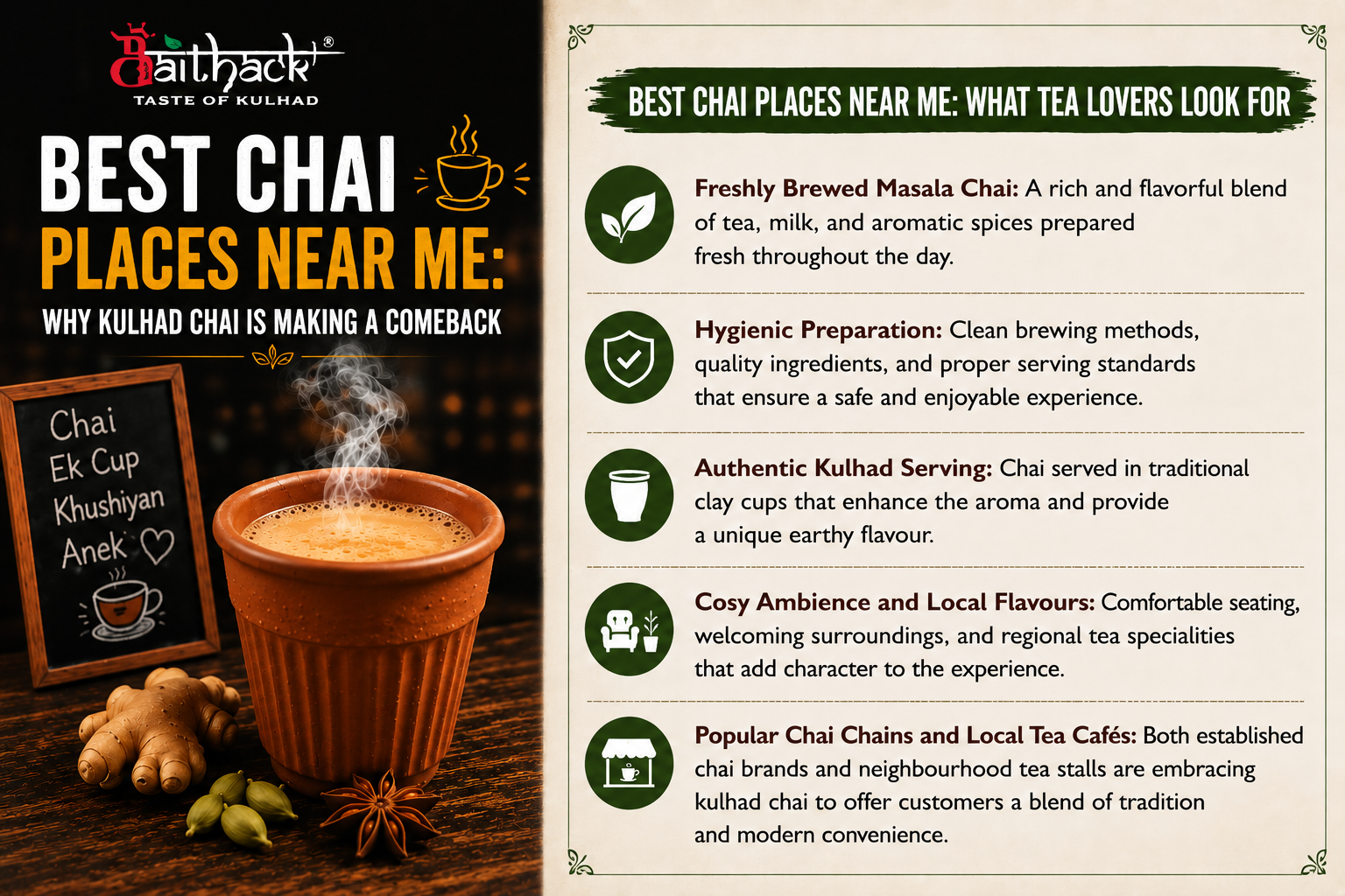 Baithack promotional poster featuring a steaming kulhad chai with the headline “Best Chai Places Near Me” and key highlights including fresh masala chai, hygienic preparation, authentic kulhad serving, cozy ambience, and local tea flavours. ☕🌿