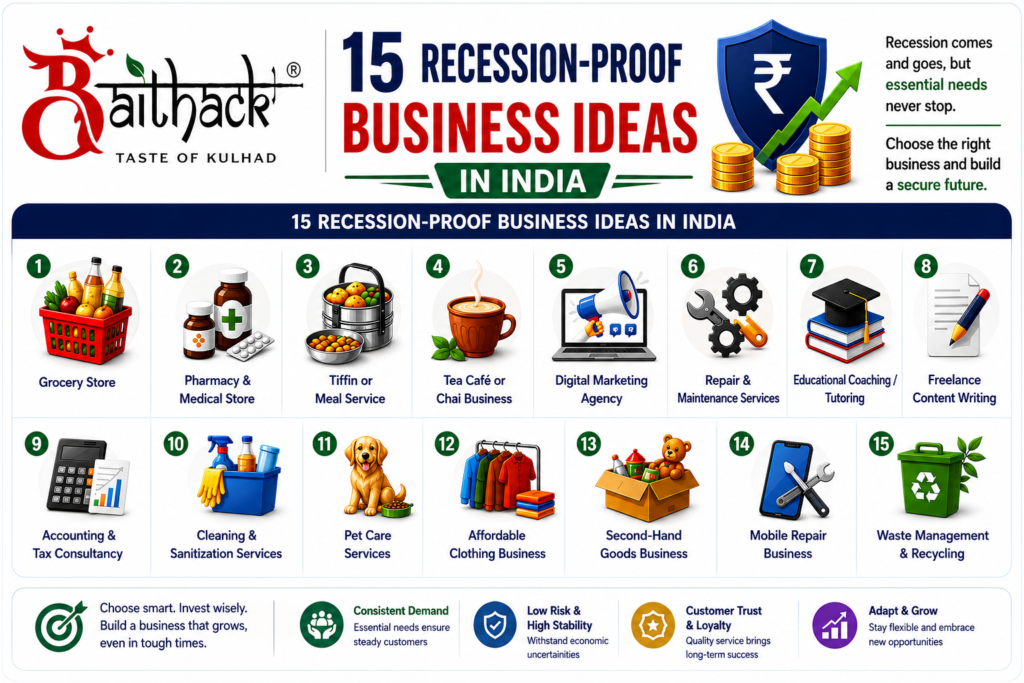 15 recession-proof business ideas in India featuring grocery stores, pharmacies, tiffin services, digital marketing, coaching, accounting, pet care, mobile repair, and recycling businesses.