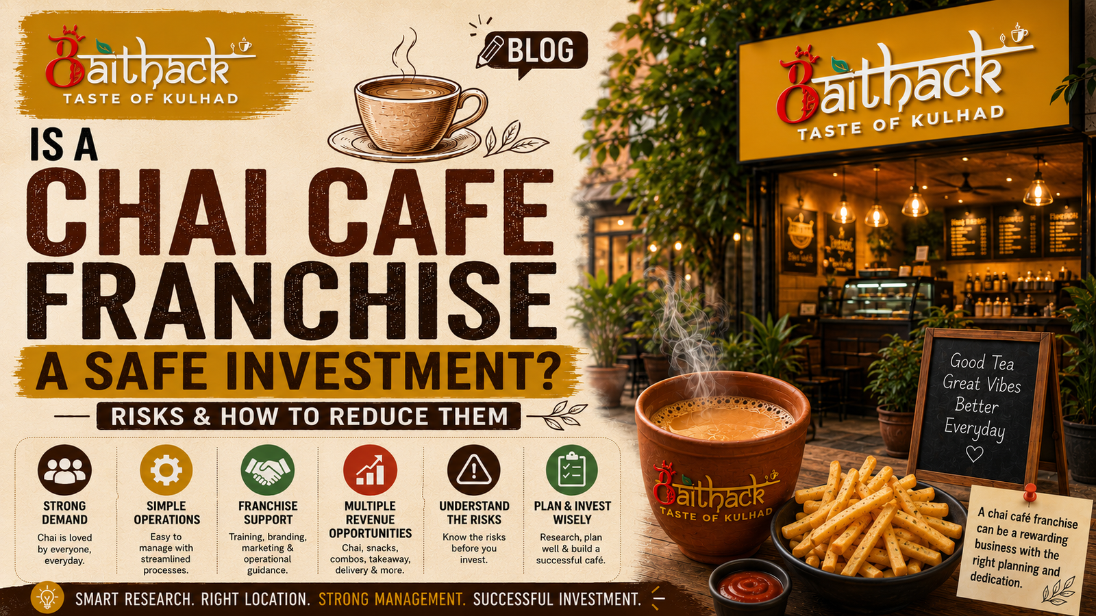 Baithack Taste of Kulhad chai café franchise blog banner featuring a cozy café storefront, steaming kulhad chai and French fries, with the headline “Is a Chai Cafe Franchise a Safe Investment?” and key points about franchise support, business risks, revenue opportunities, and smart investment planning.