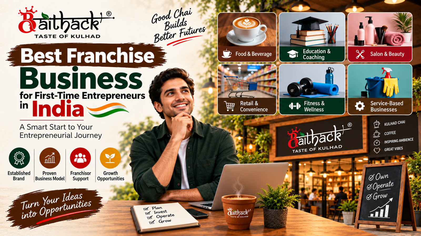 Best Franchise Business for First-Time Entrepreneurs in India, featuring a Baithack “Taste of Kulhad” café, a smiling entrepreneur with a laptop, and franchise opportunities across food and beverage, education and coaching, salon and beauty, retail, fitness and wellness, and service-based businesses.
